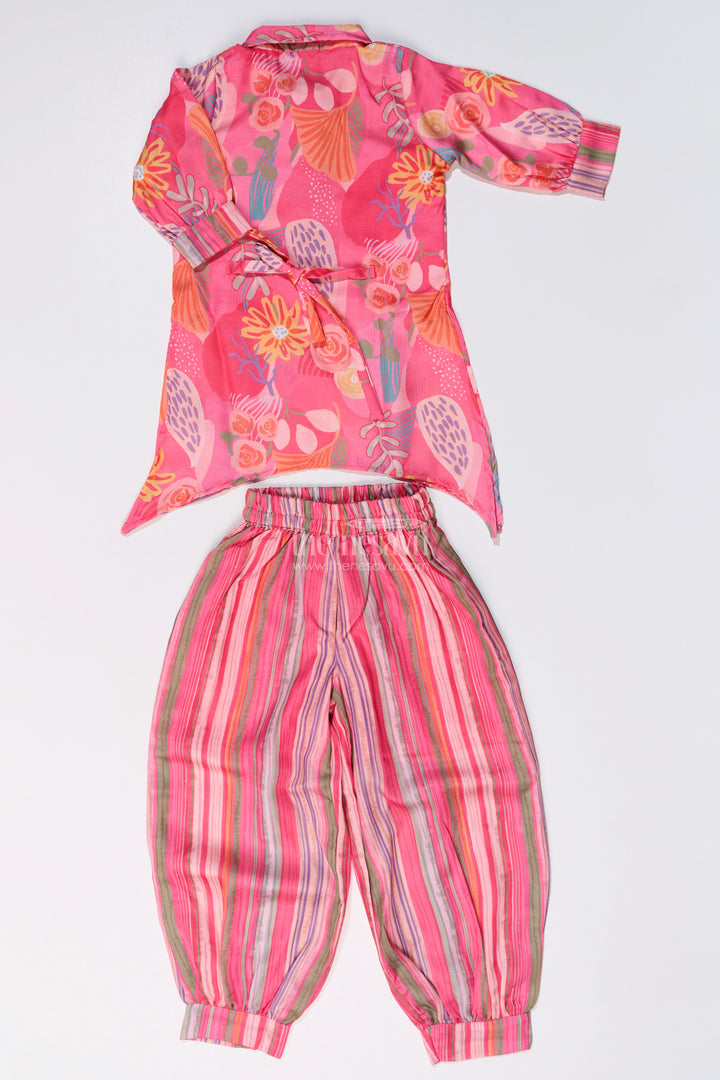 Girls Floral Co-ord Set with Bright Printed Kurti and Striped Pants in Rani Pink