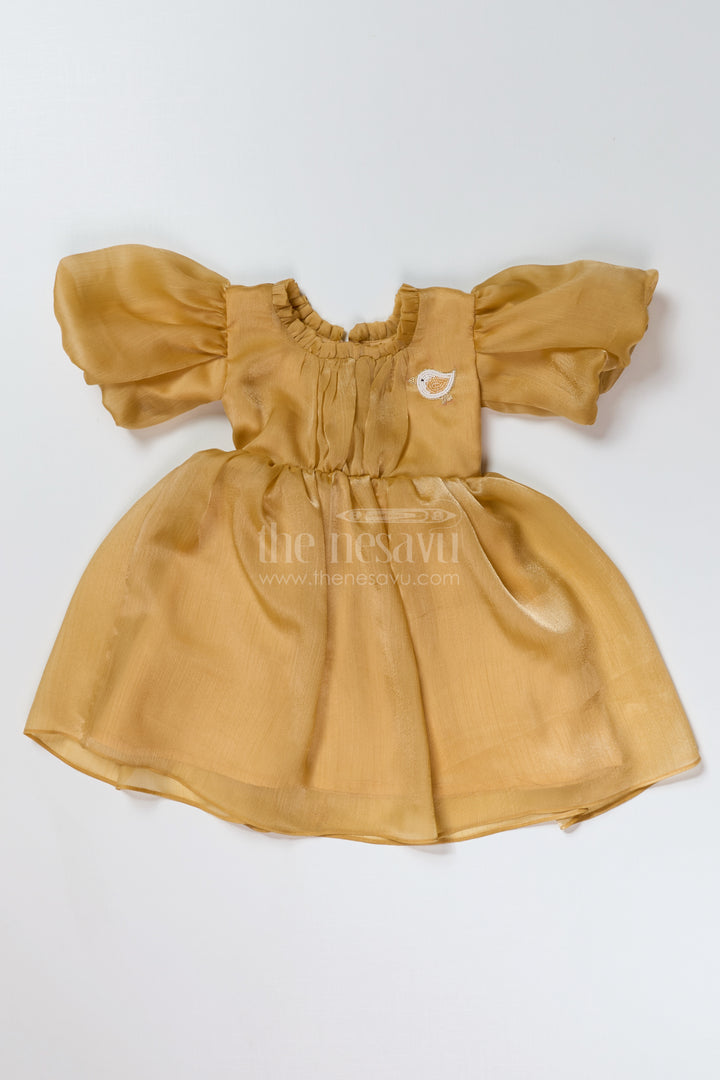 Elegant Birthday Party Frock for Girls in Golden Glaze Organza with Puffy Sleeves