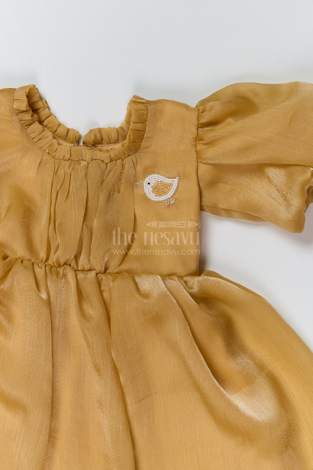 Elegant Birthday Party Frock for Girls in Golden Glaze Organza with Puffy Sleeves