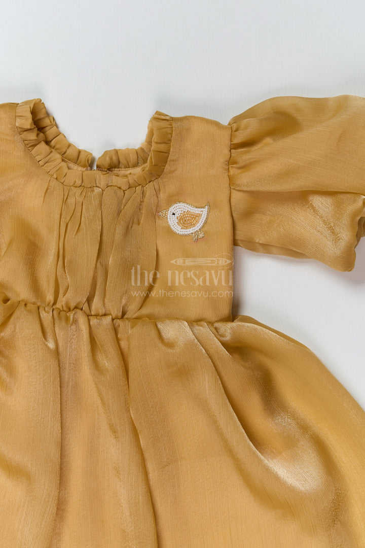 Elegant Birthday Party Frock for Girls in Golden Glaze Organza with Puffy Sleeves