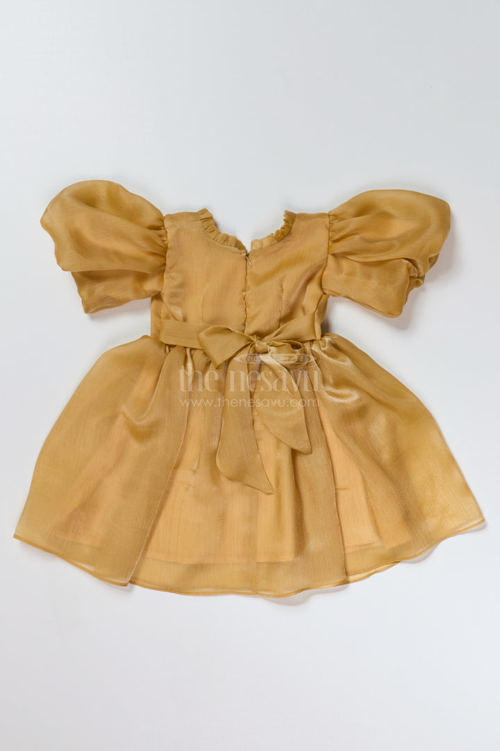 Elegant Birthday Party Frock for Girls in Golden Glaze Organza with Puffy Sleeves