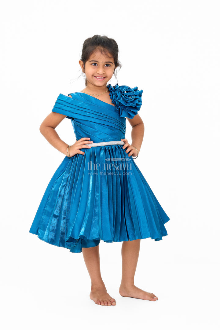 Teal Blue Glaze Organza Asymmetrical Party Frock with Stone Belt Embellishment for Girls