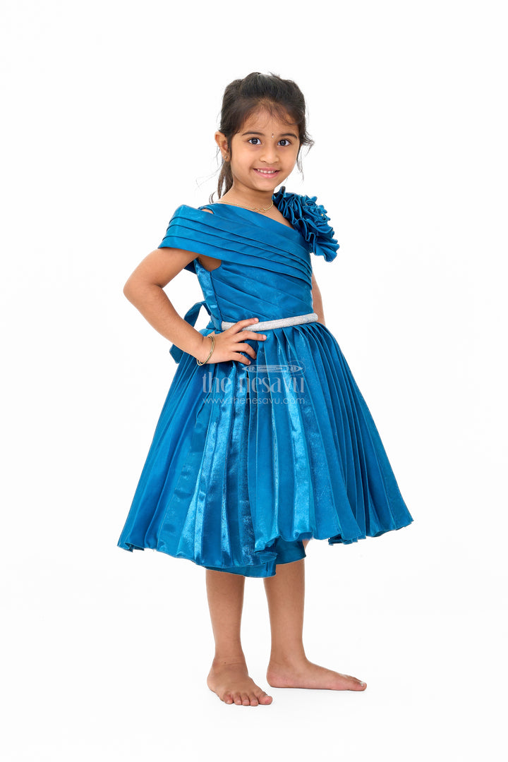 Teal Blue Glaze Organza Asymmetrical Party Frock with Stone Belt Embellishment for Girls