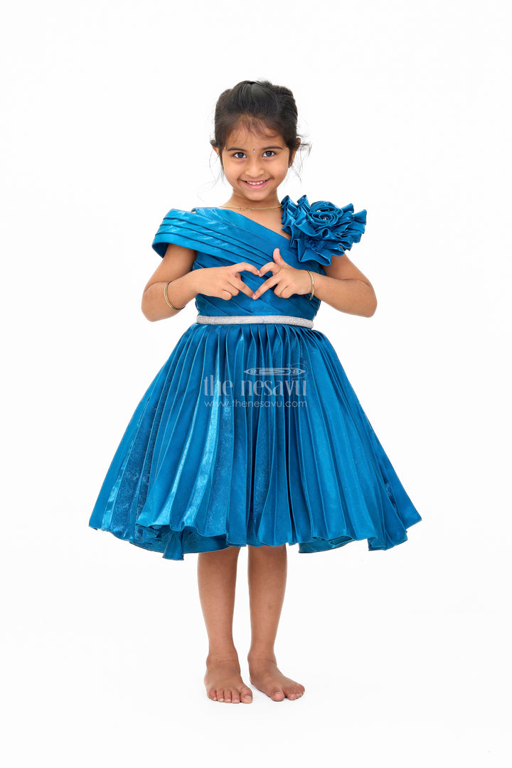 Teal Blue Glaze Organza Asymmetrical Party Frock with Stone Belt Embellishment for Girls