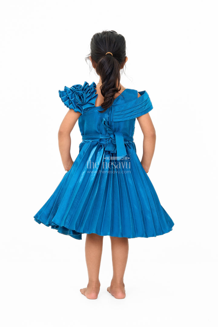 Teal Blue Glaze Organza Asymmetrical Party Frock with Stone Belt Embellishment for Girls