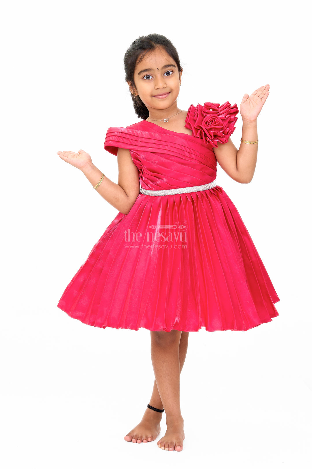 Girls Burgundy One-Shoulder Fancy Party Frock with Floral Applique