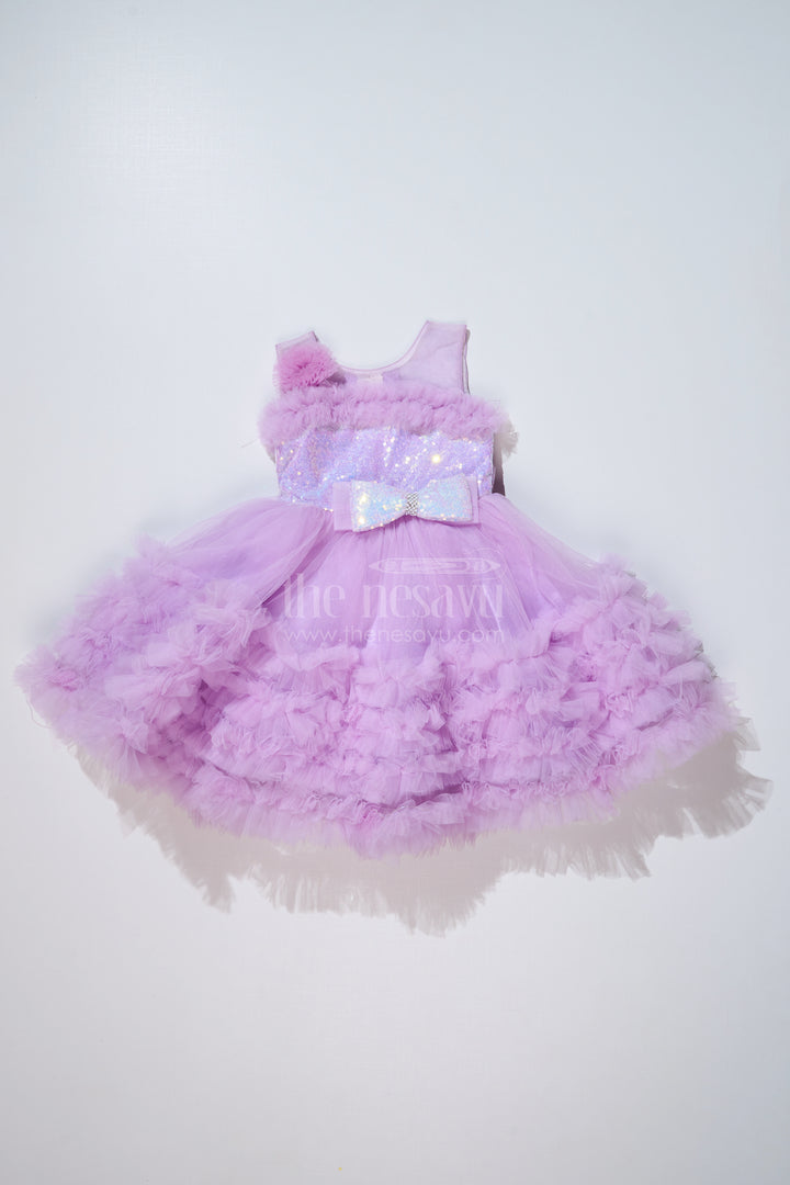 Girls Purple Net Party Dress with Ruffled Layers and Sequin Bow