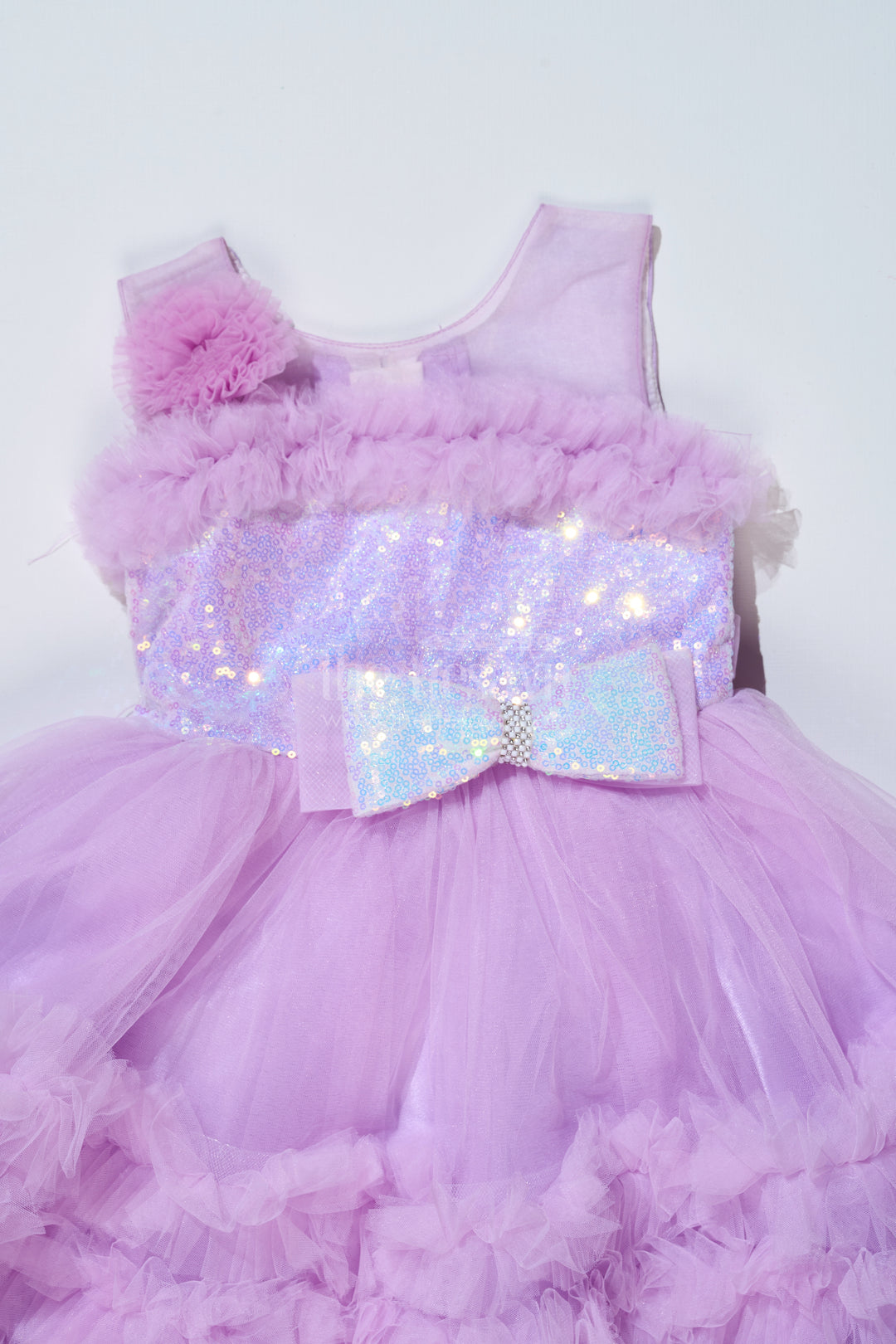 Girls Purple Net Party Dress with Ruffled Layers and Sequin Bow