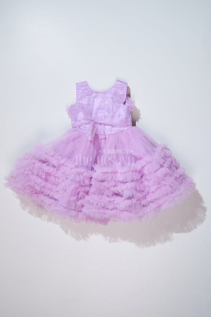 Girls Purple Net Party Dress with Ruffled Layers and Sequin Bow