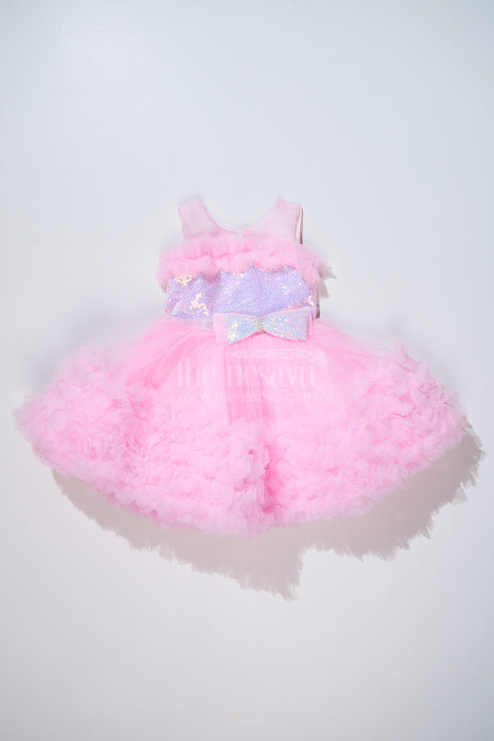 Adorable Pink Net Party Dress for Girls with Ruffled Layers and Sparkling Bow