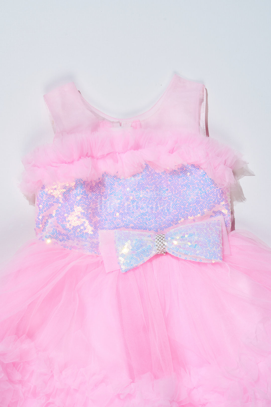 Adorable Pink Net Party Dress for Girls with Ruffled Layers and Sparkling Bow