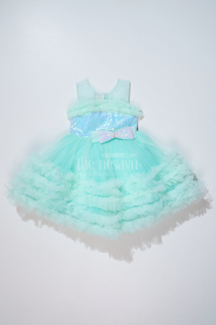 Elegant Green Net Dinner Dress for Girls with Ruffles and a Sequin Bow