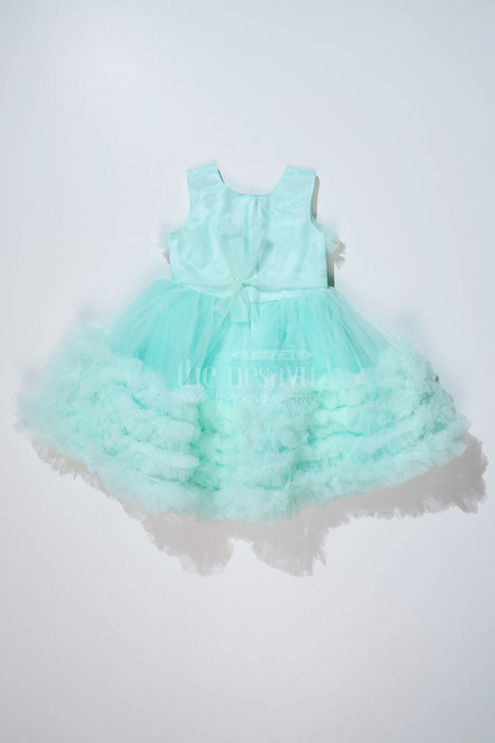 Elegant Green Net Dinner Dress for Girls with Ruffles and a Sequin Bow