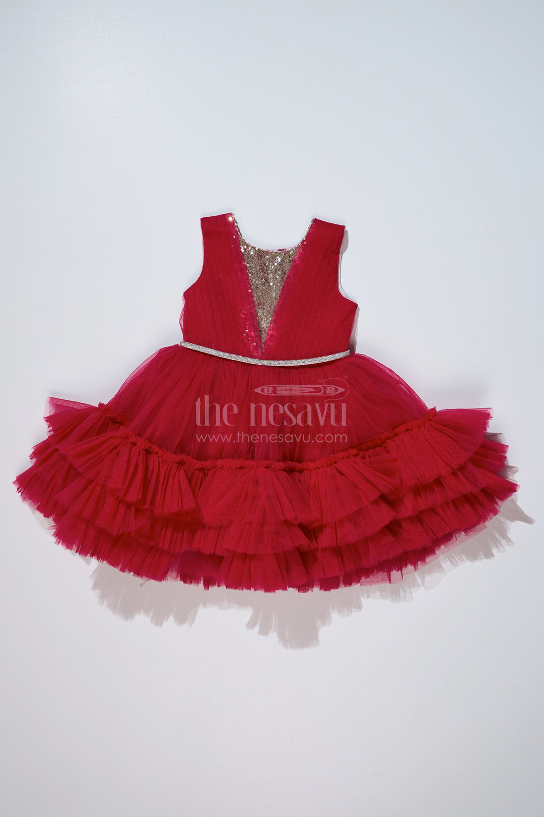 Charming Maroon Red Net Party Dress for Girls with Embellished Waist