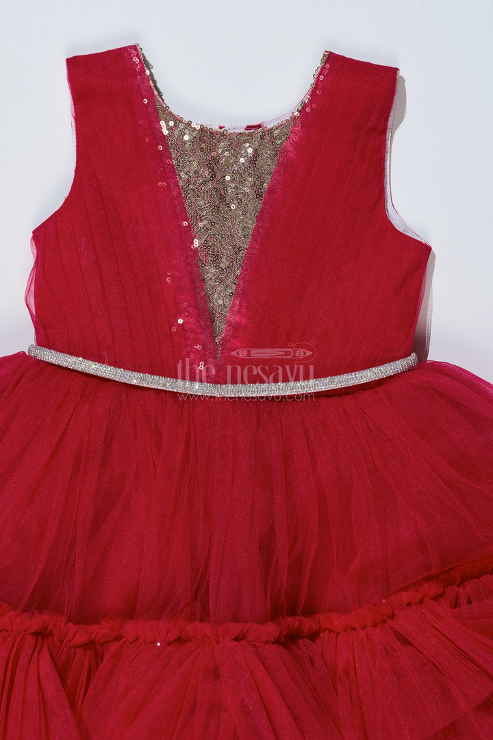 Charming Maroon Red Net Party Dress for Girls with Embellished Waist