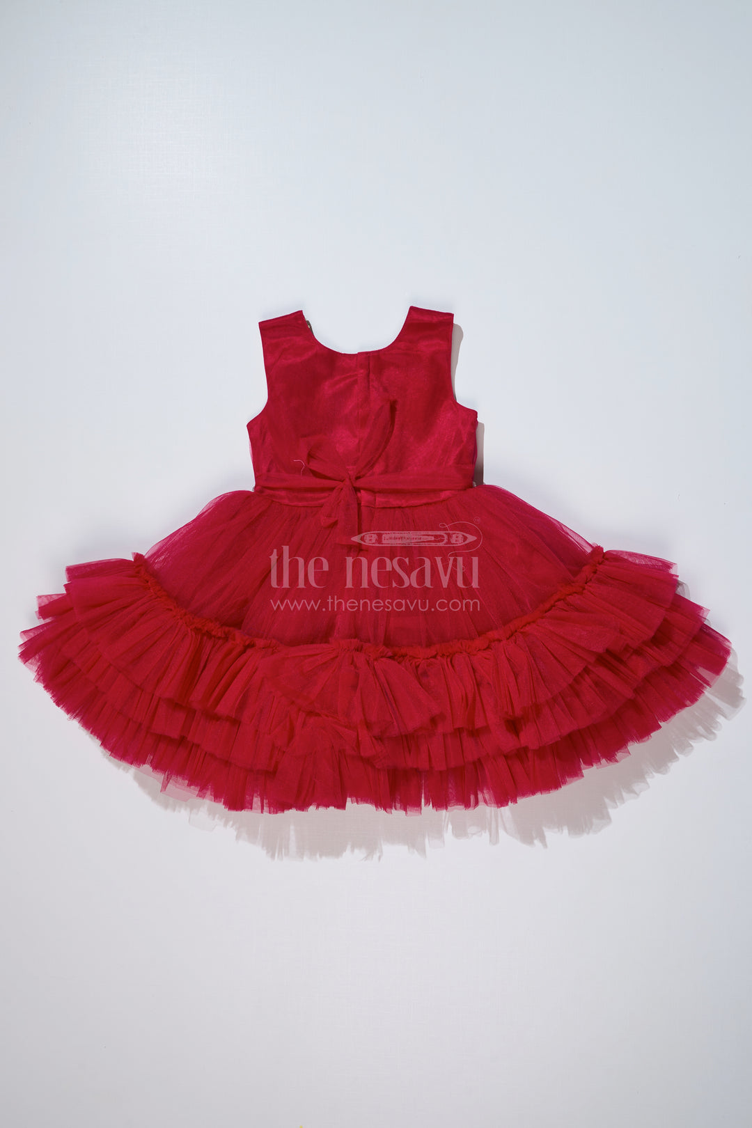 Charming Maroon Red Net Party Dress for Girls with Embellished Waist