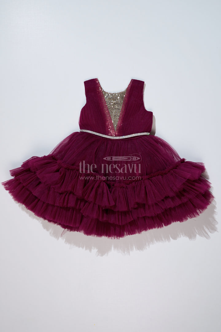 Girls Elegant Purple Cocktail Party Dress with Ruffled Layers and Sequin Embellishments