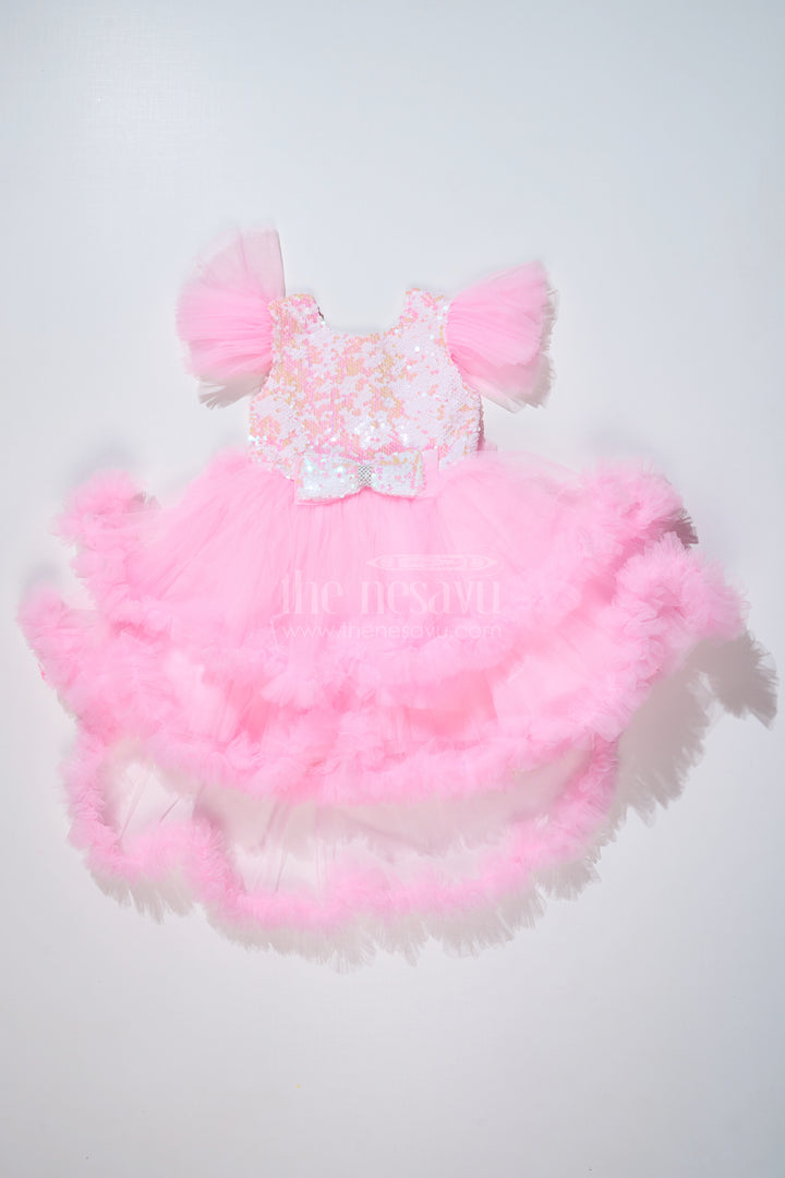 Trendy Pink Western Party Dress for Girls with Sequin Bow and High-Low Hem