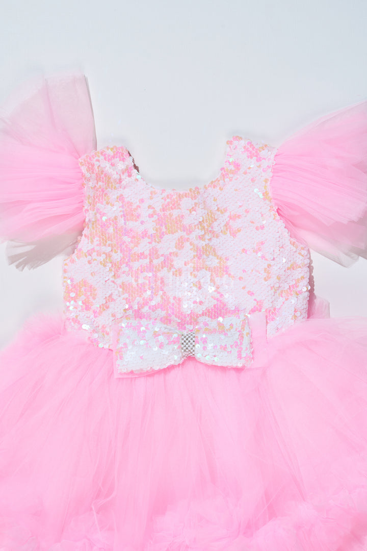 Trendy Pink Western Party Dress for Girls with Sequin Bow and High-Low Hem