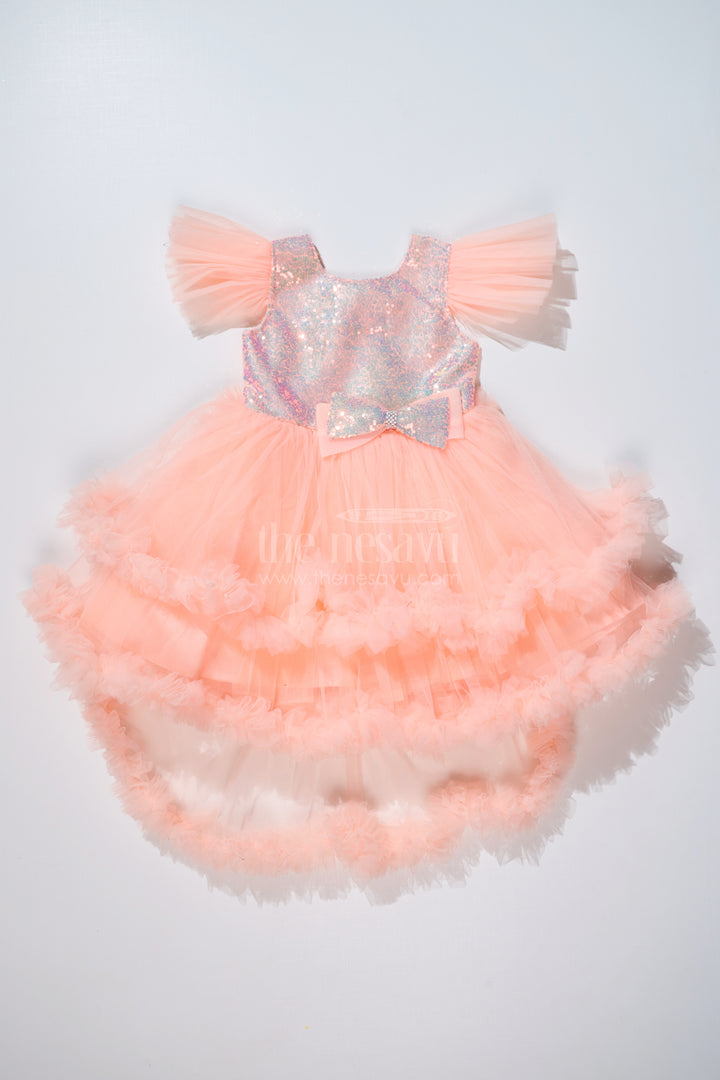 Girls Peach Fashion Party Wear Dress with Shimmering Sequin Bodice and Layered Ruffles