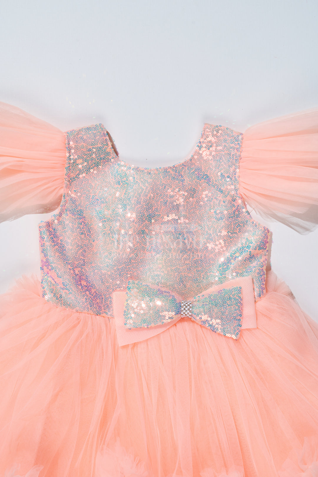 Girls Peach Fashion Party Wear Dress with Shimmering Sequin Bodice and Layered Ruffles