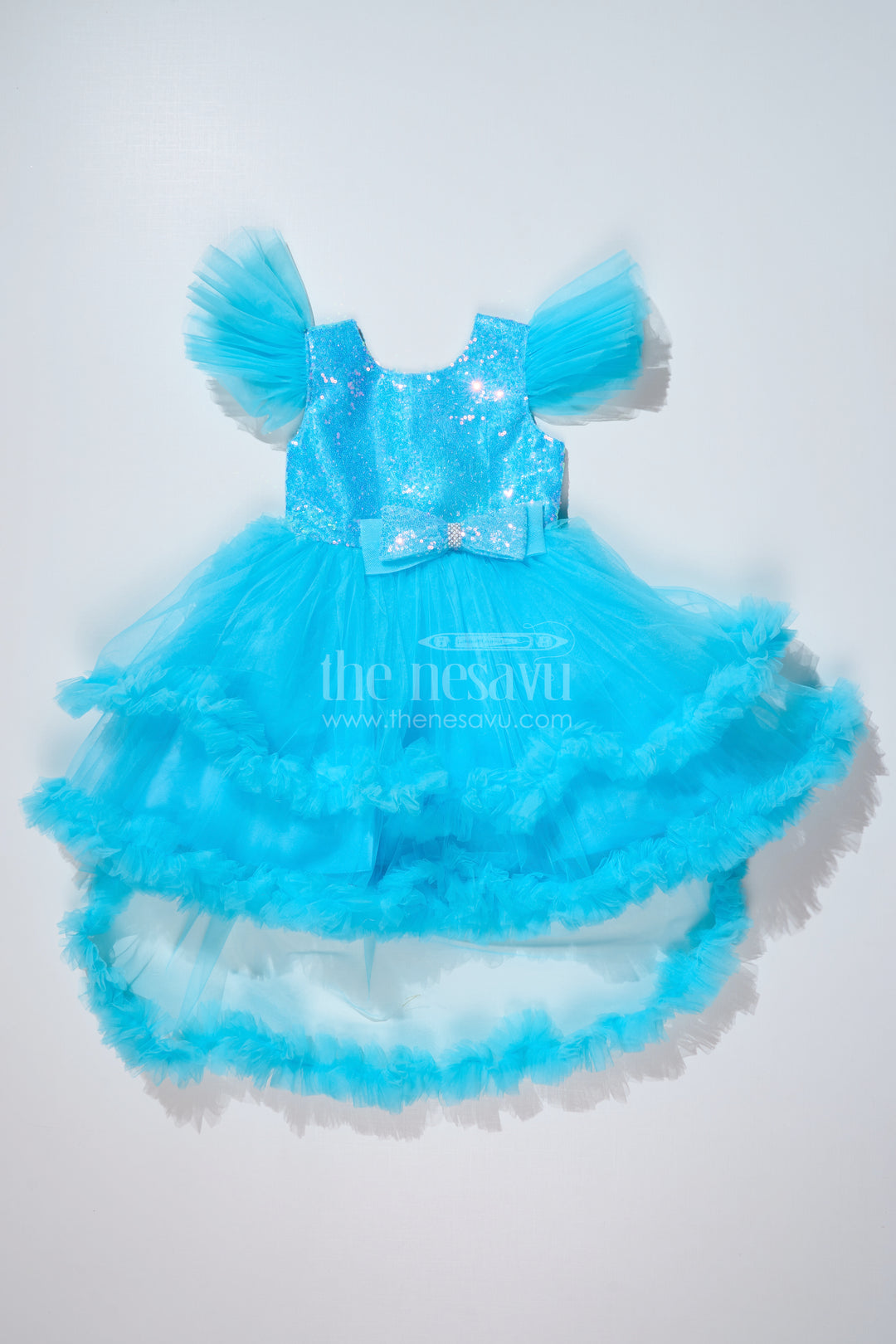 Girls Blue Party Dress with Sequin Bodice and High-Low Ruffled Hem