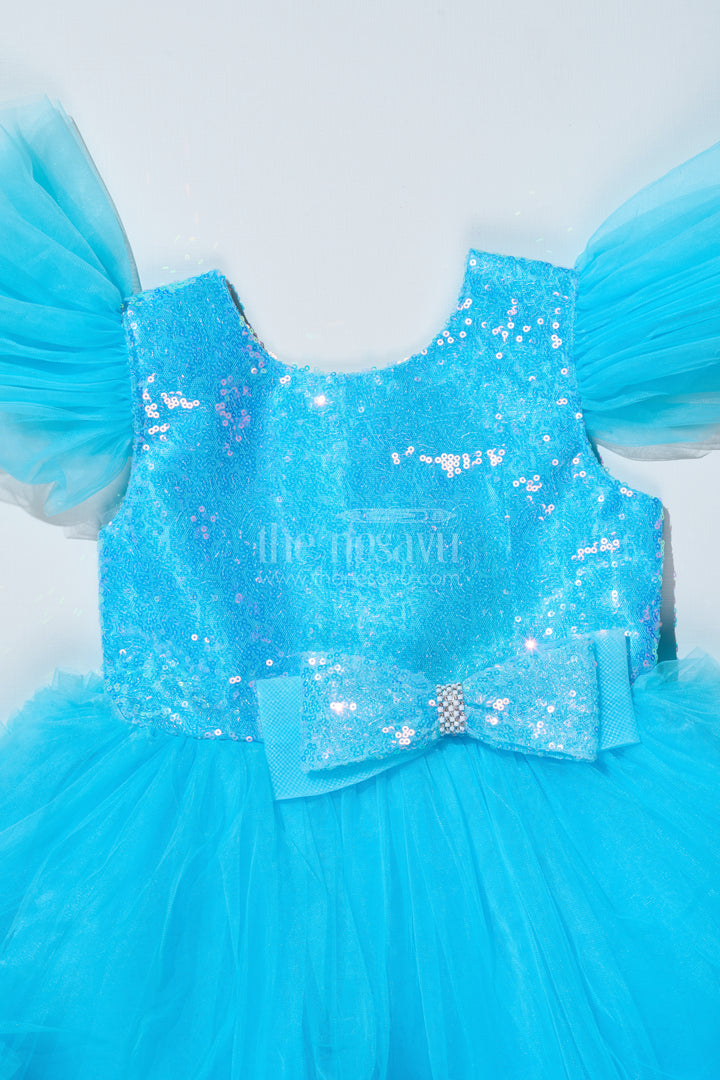 Girls Blue Party Dress with Sequin Bodice and High-Low Ruffled Hem