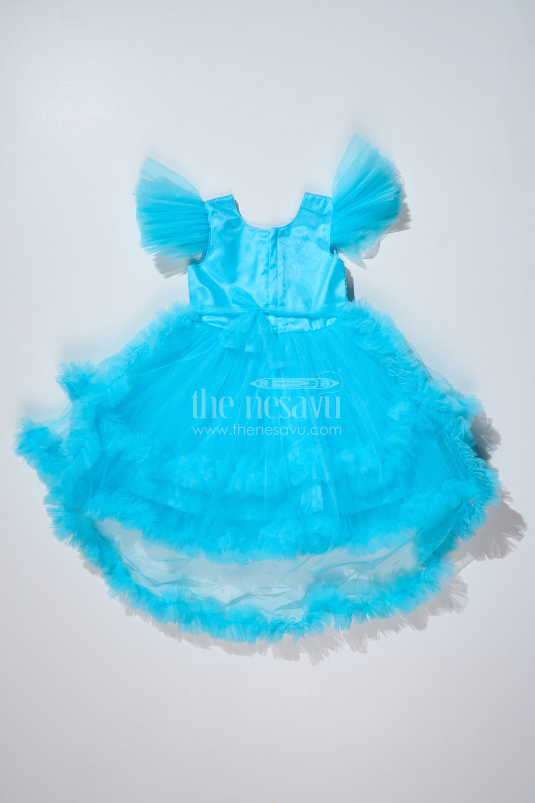 Girls Blue Party Dress with Sequin Bodice and High-Low Ruffled Hem