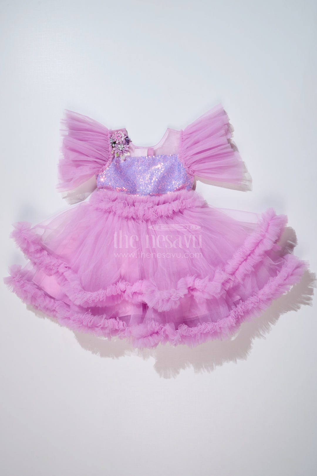 Elegant Purple Short Party Frock for Girls with Sequin Bodice and Ruffled Layers