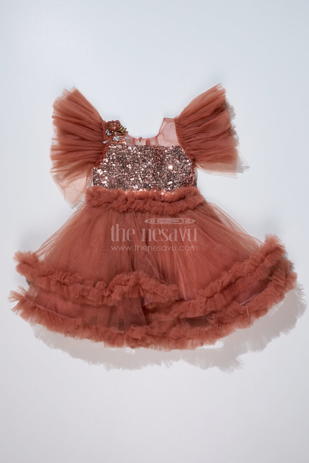 Girls Brown Party Short Frock with Shimmering Sequin Bodice and Layered Net Skirt