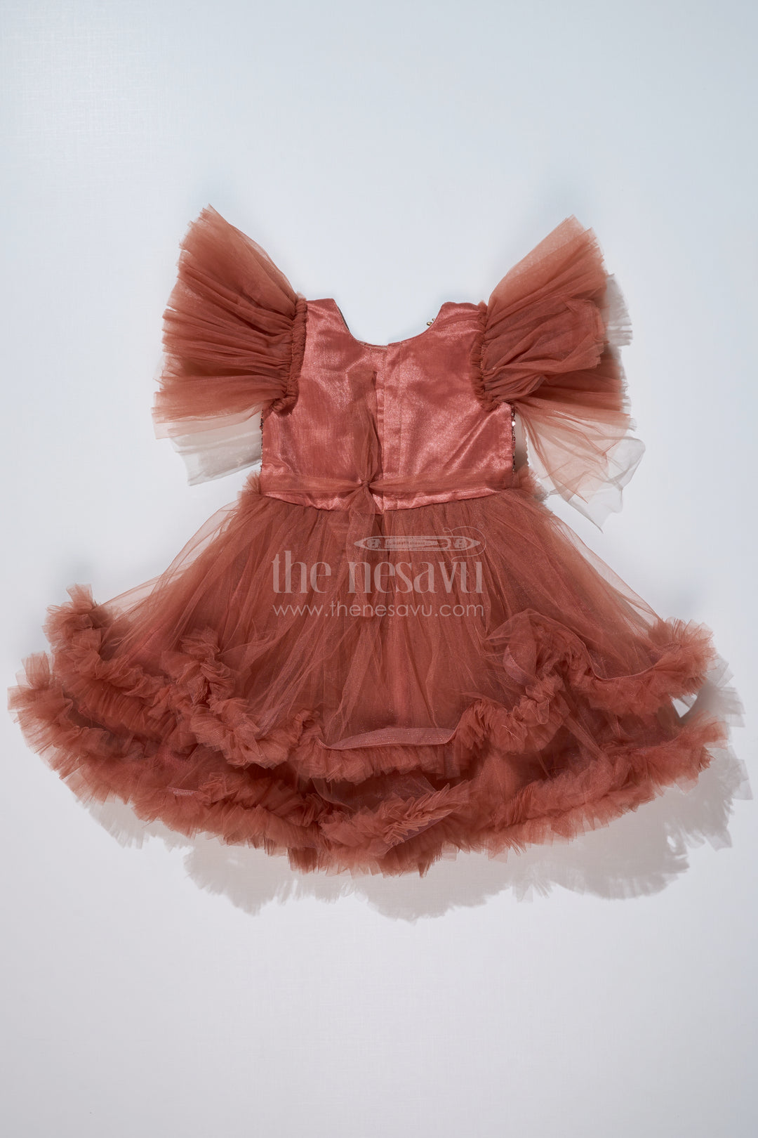 Girls Brown Party Short Frock with Shimmering Sequin Bodice and Layered Net Skirt