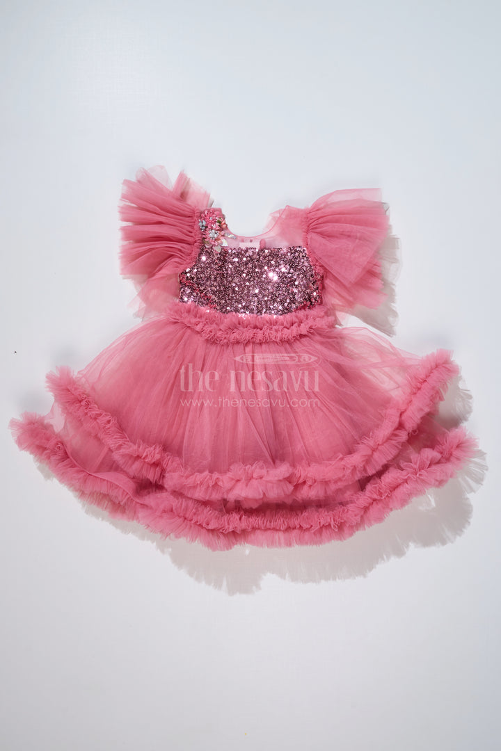 Charming Pink Short Party Dress for Girls with Floral Sequin Details and Ruffled Skirt