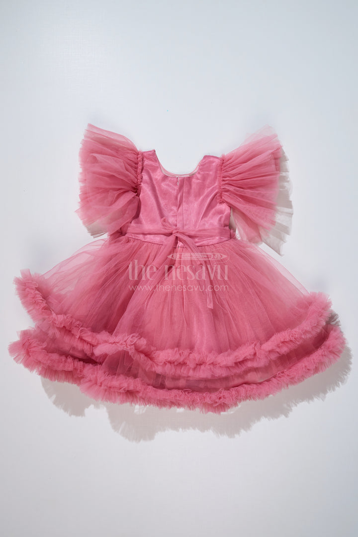 Charming Pink Short Party Dress for Girls with Floral Sequin Details and Ruffled Skirt