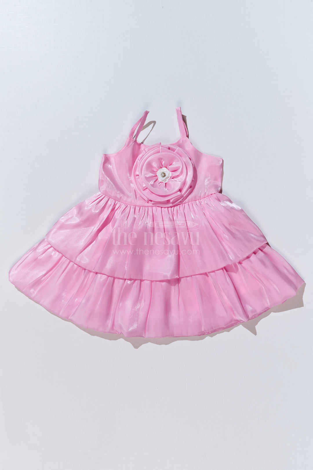 Girls Pink Glaze Satin Organza Birthday Party Frock with Layered Ruffles and Floral Appliqué