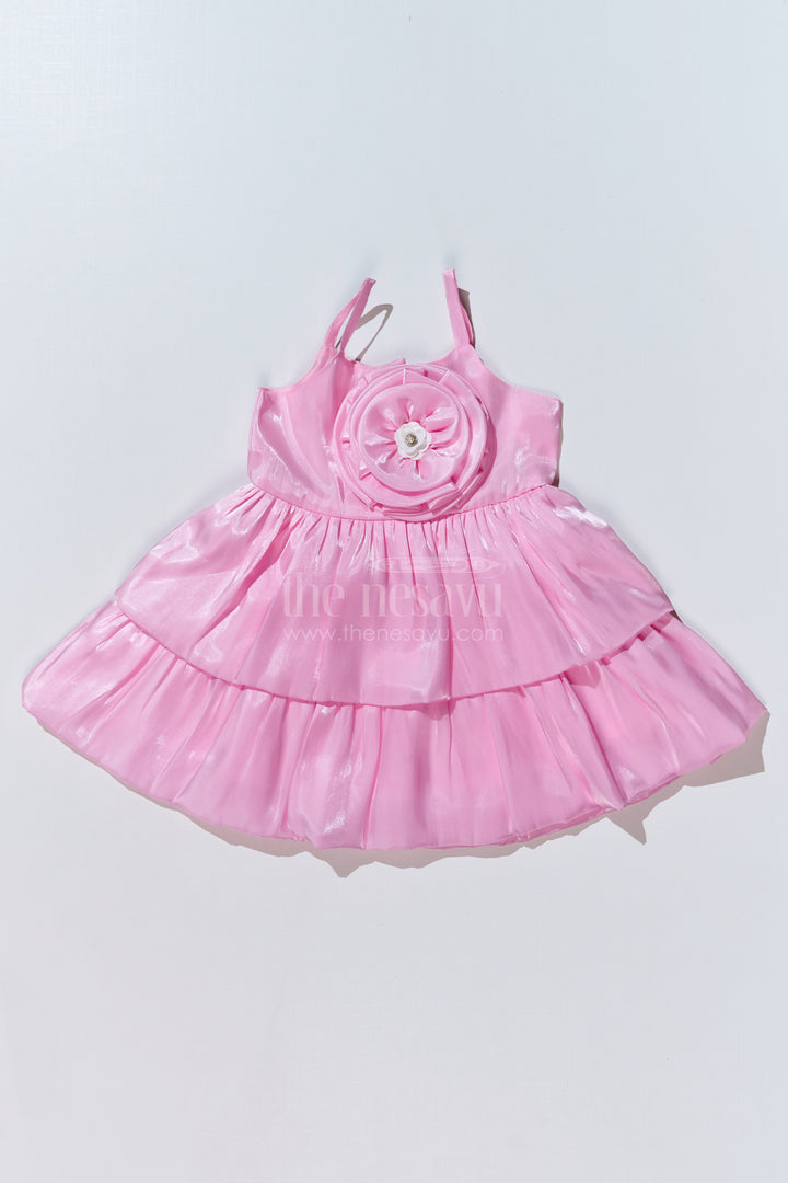 Girls Pink Glaze Satin Organza Birthday Party Frock with Layered Ruffles and Floral Appliqué