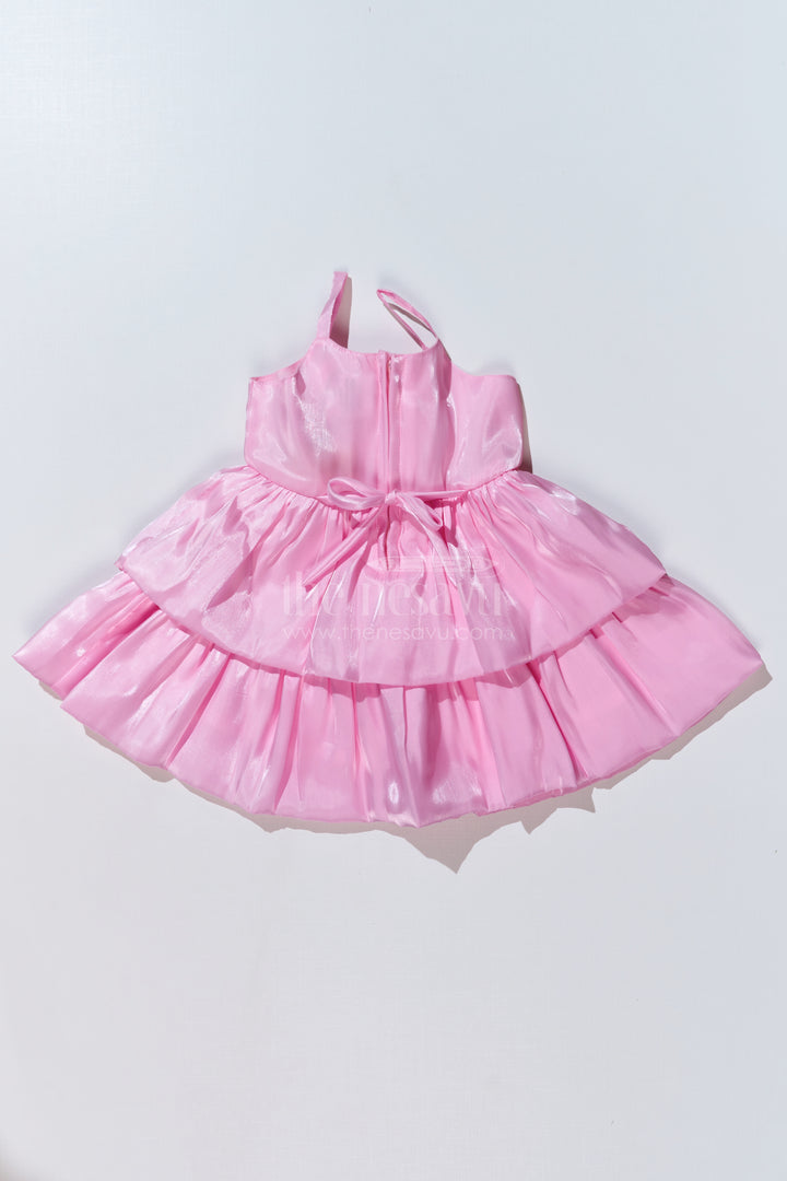 Girls Pink Glaze Satin Organza Birthday Party Frock with Layered Ruffles and Floral Appliqué