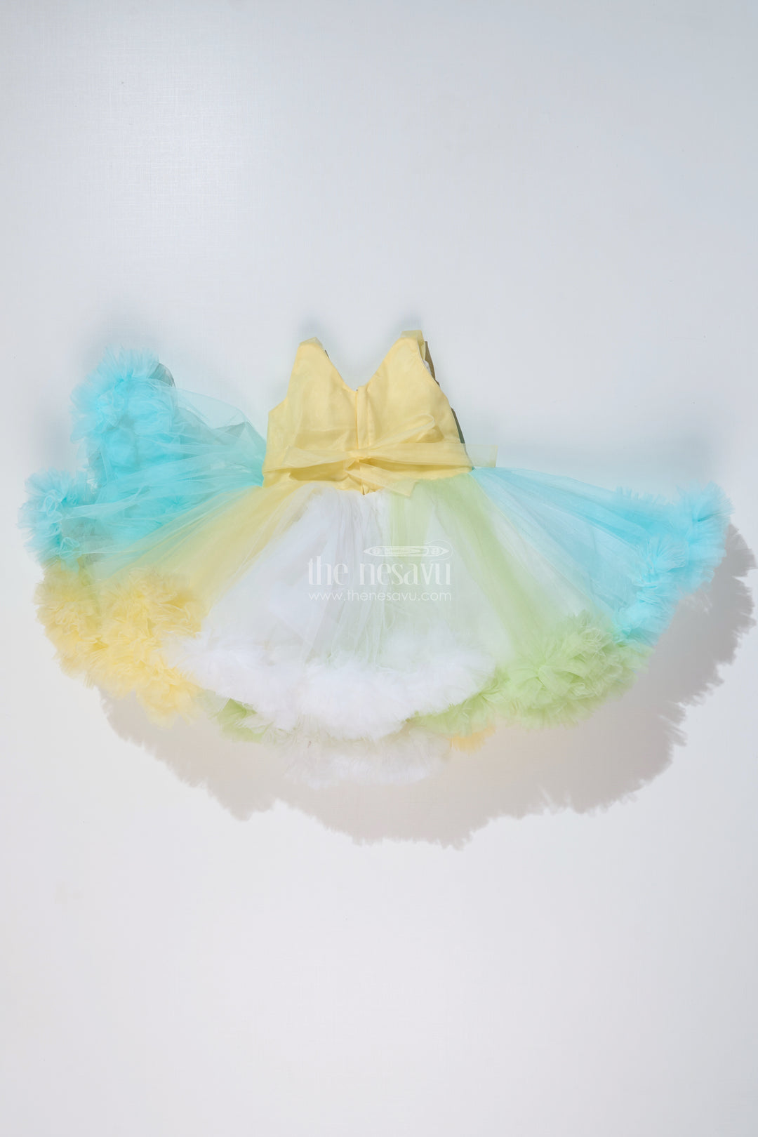 Whimsical Net Frock for Girls with Multicolor Layers and Ruffled Tutu Design