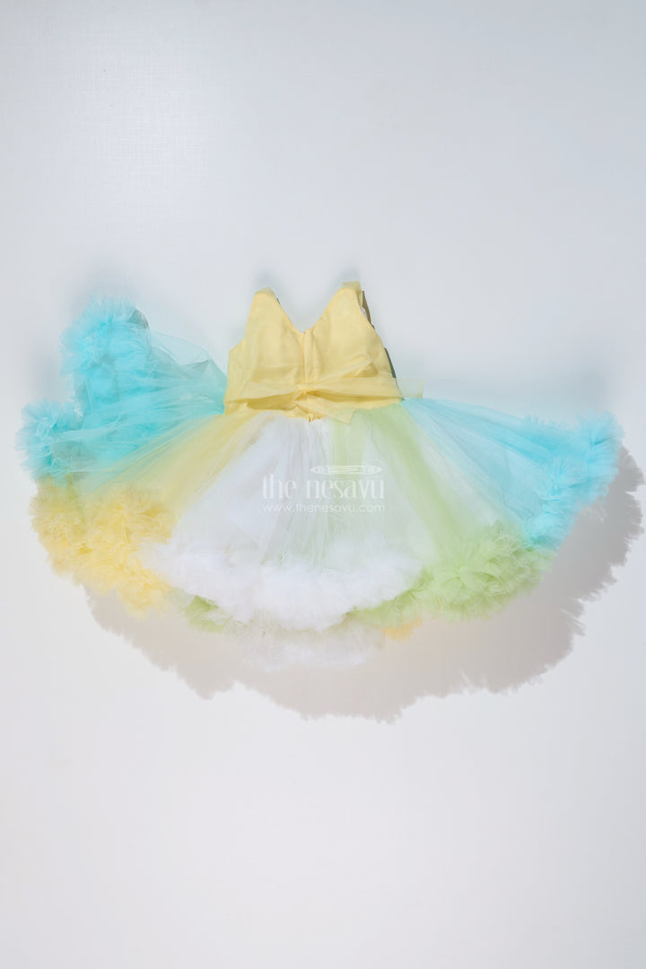 Whimsical Net Frock for Girls with Multicolor Layers and Ruffled Tutu Design