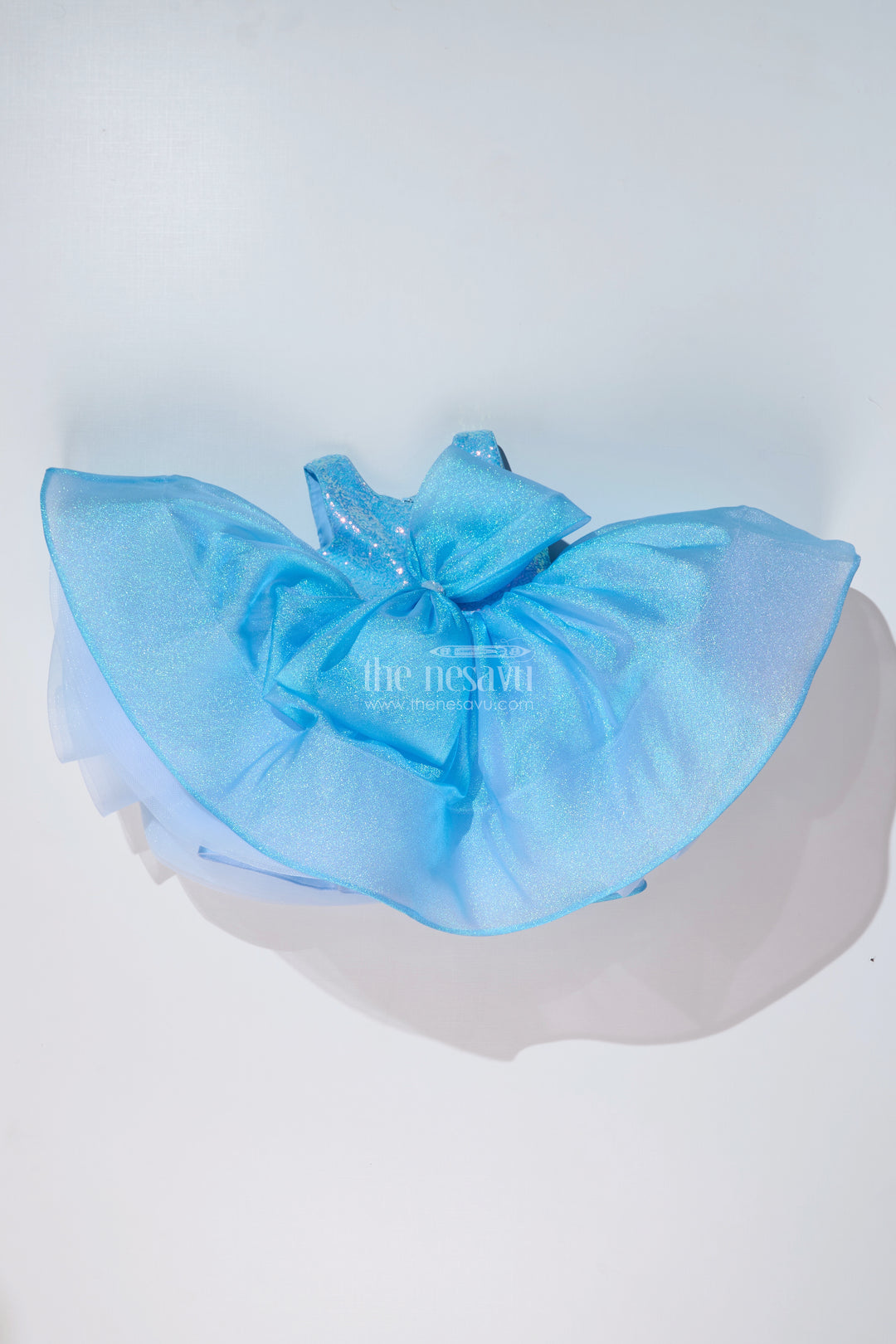 Magical Pari Frock for Girls with Shimmering Blue Net and Oversized Bow