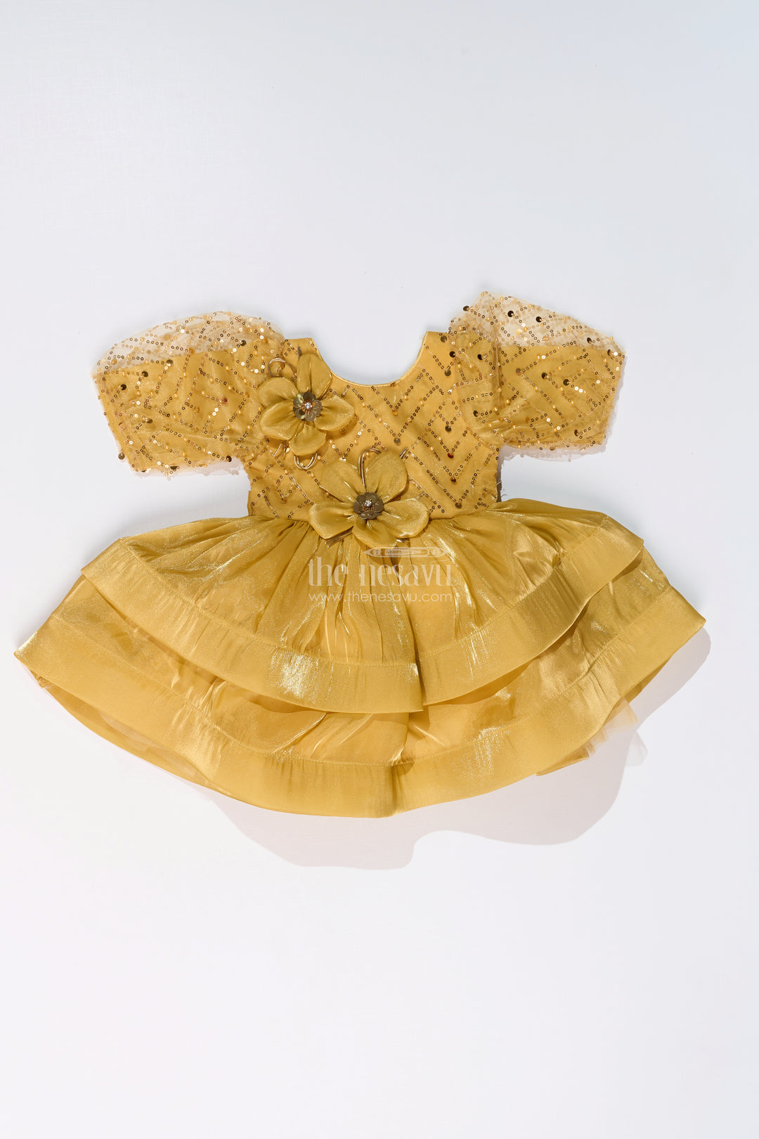 Girls Birthday Party Frock with Floral Embellishments and Puffy Sleeves in Golden Hue