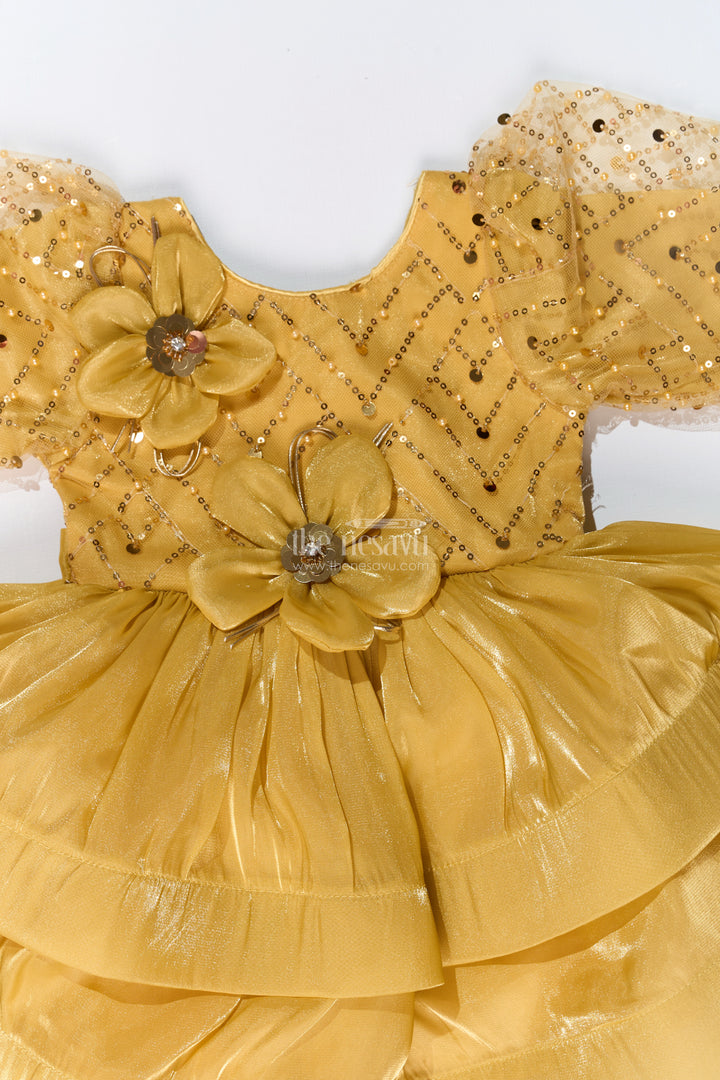 Girls Birthday Party Frock with Floral Embellishments and Puffy Sleeves in Golden Hue