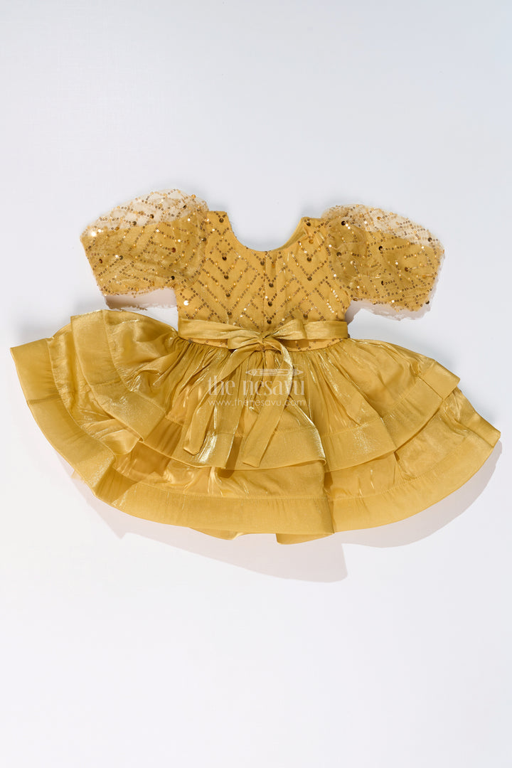 Girls Birthday Party Frock with Floral Embellishments and Puffy Sleeves in Golden Hue