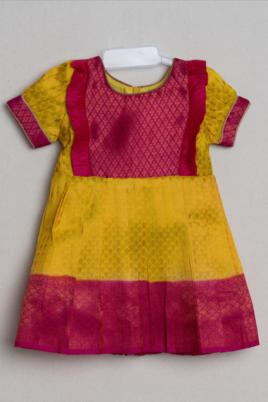 Vibrant Yellow Pink Banarasi Soft Silk / Pattu Frocks For Toddler Girl With Ruffle Yoke