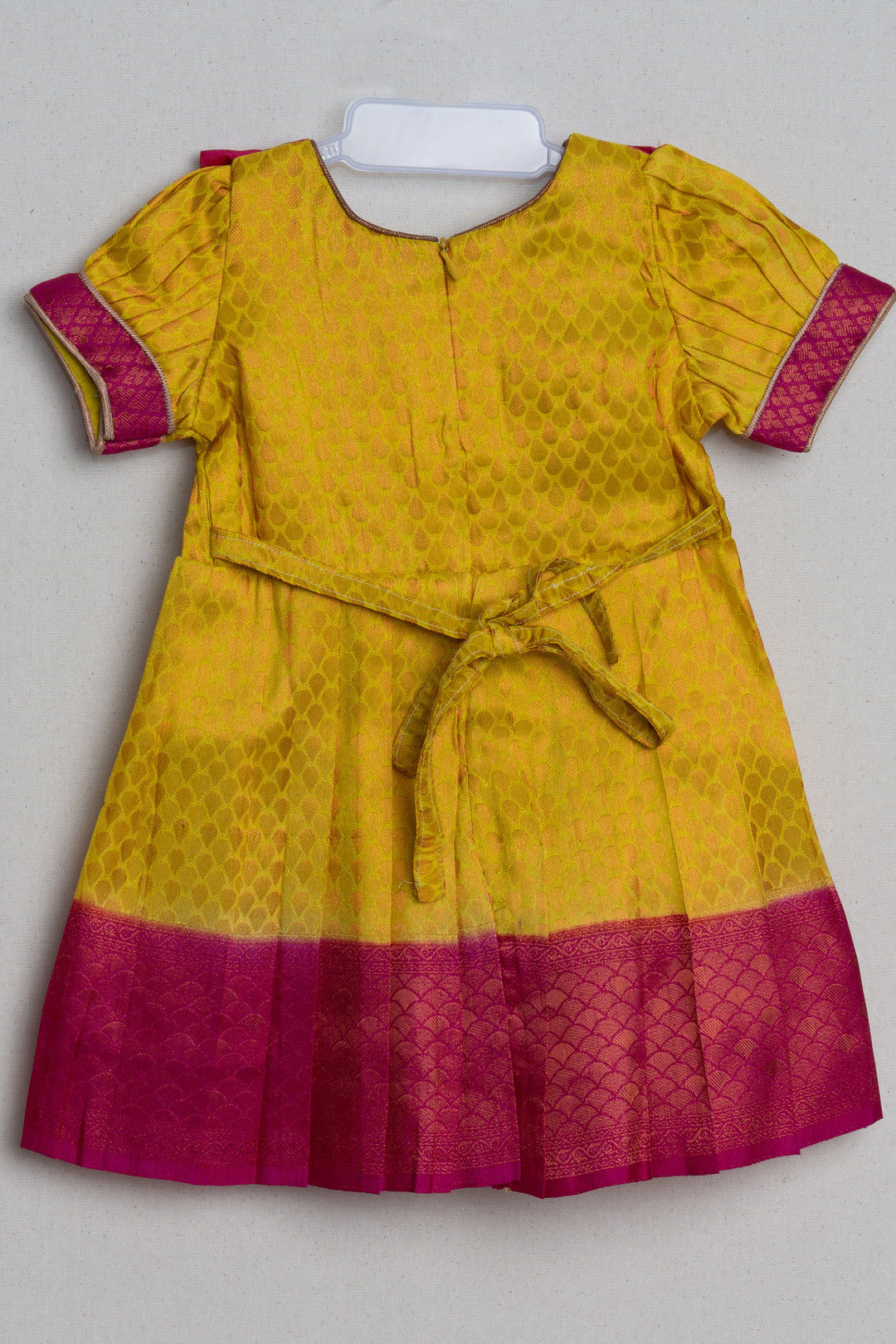 Vibrant Yellow Pink Banarasi Soft Silk / Pattu Frocks For Toddler Girl With Ruffle Yoke