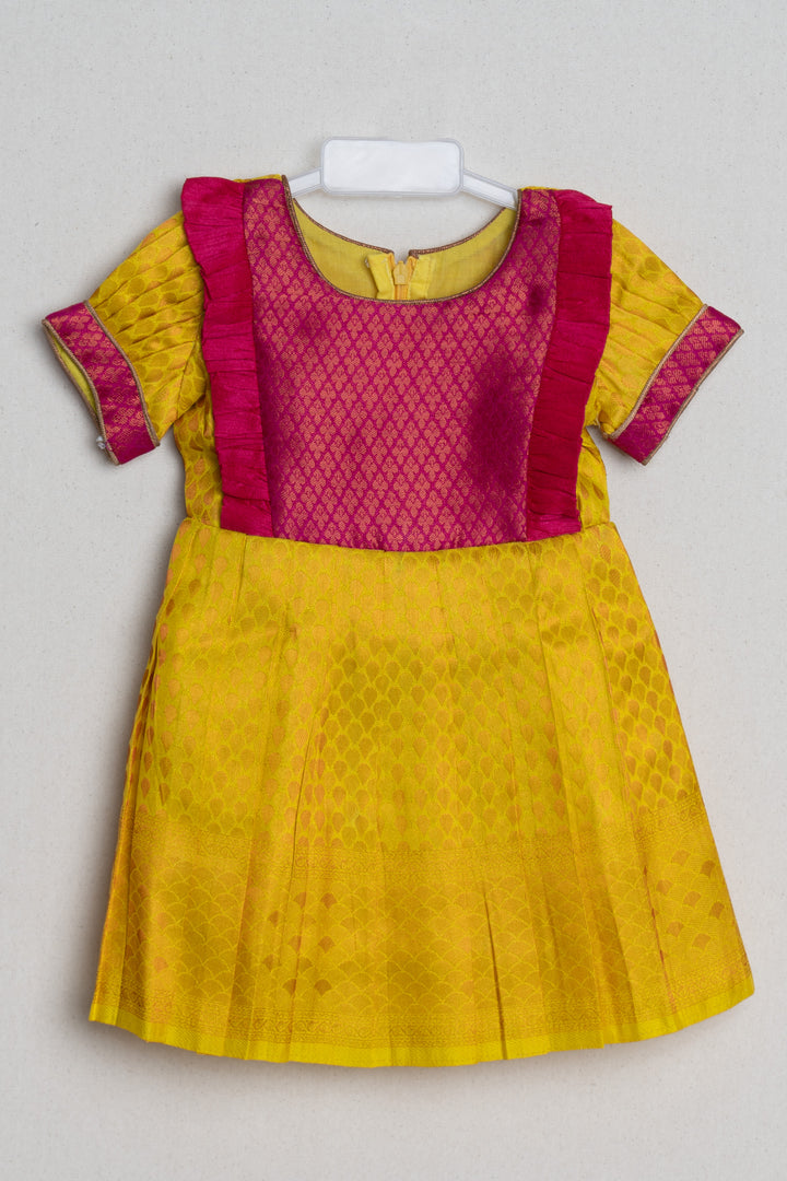 Vibrant Yellow Pink Banarasi Soft Silk / Pattu Frocks For Toddler Girl With Ruffle Yoke