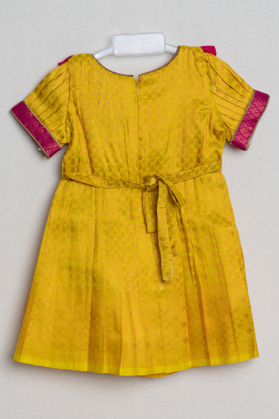 Vibrant Yellow Pink Banarasi Soft Silk / Pattu Frocks For Toddler Girl With Ruffle Yoke