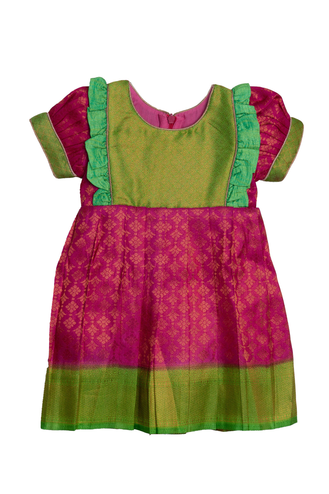 Pink with Parrot Green Light Weight Soft Banarasi Pattu / Silk Frock for Little Girls