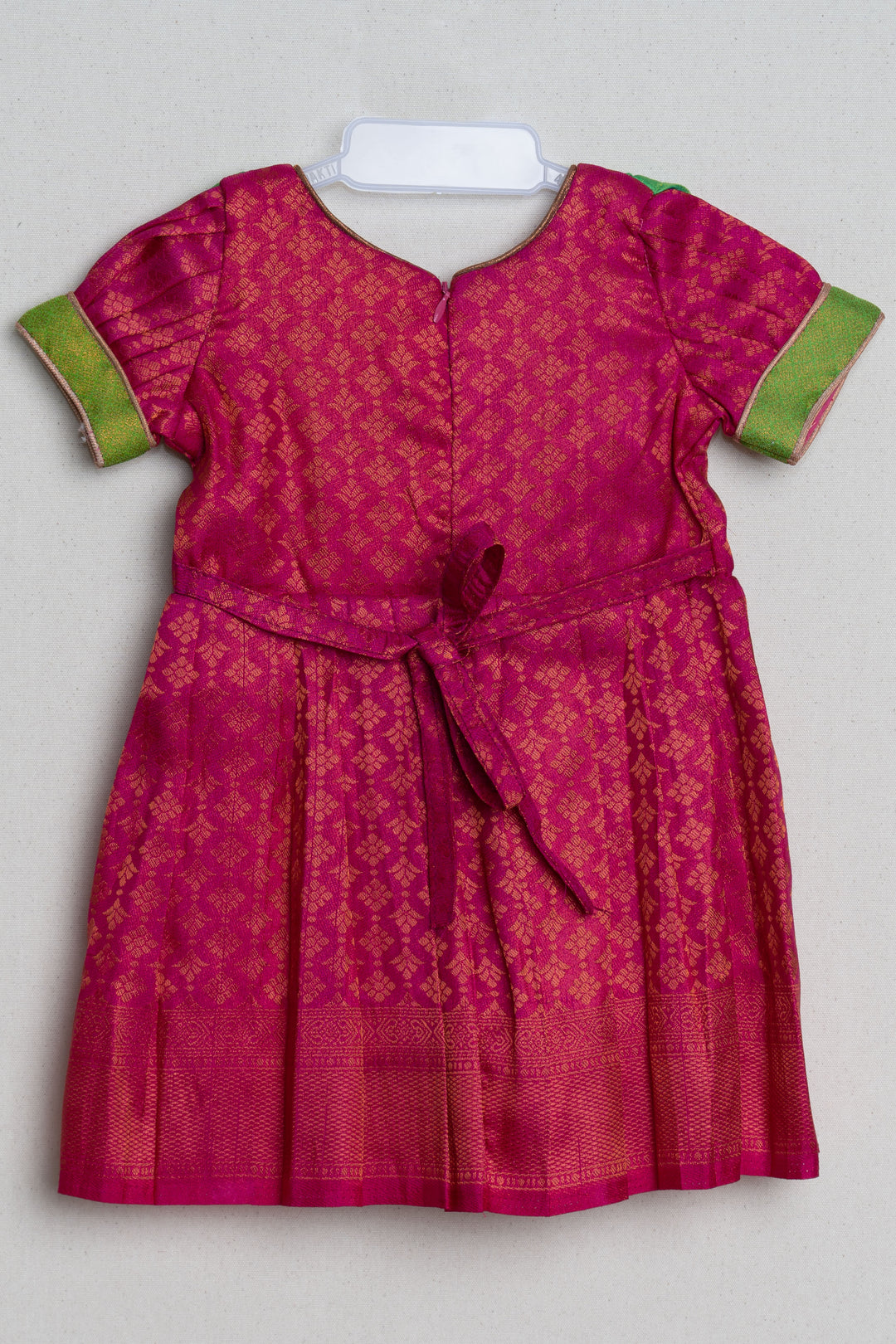 Pink with Parrot Green Light Weight Soft Banarasi Pattu / Silk Frock for Little Girls