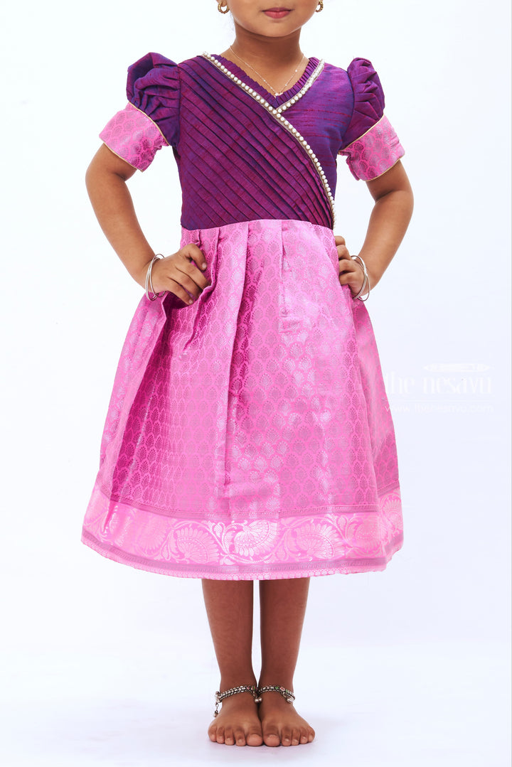 BAC.Girls Party Silk Frock in Vibrant Purple and Pink with Pearl Detailing