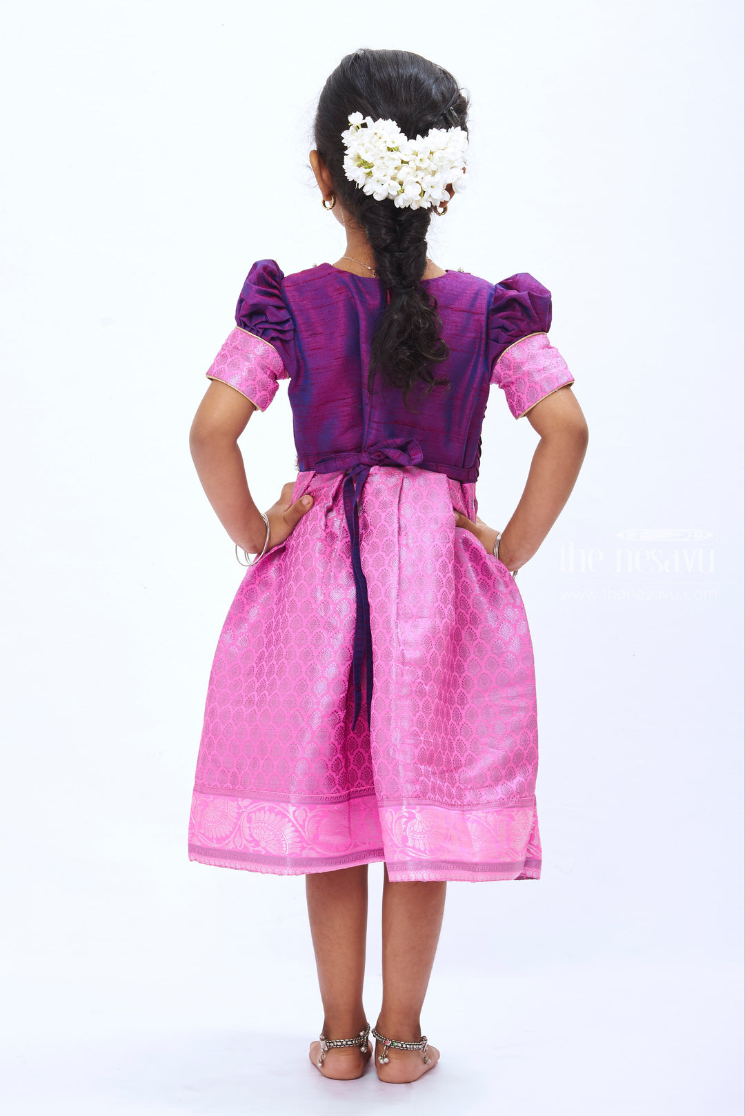 BAC.Girls Party Silk Frock in Vibrant Purple and Pink with Pearl Detailing